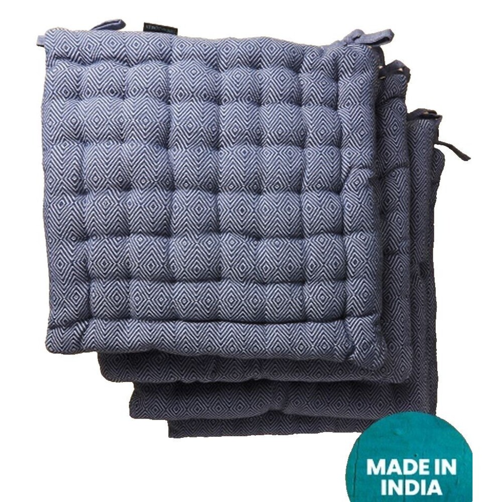 4Reversible Tufted Cushion Chair Pads w/ties(18x18")BLUE EMBROIDERED DIAMONDS,CR